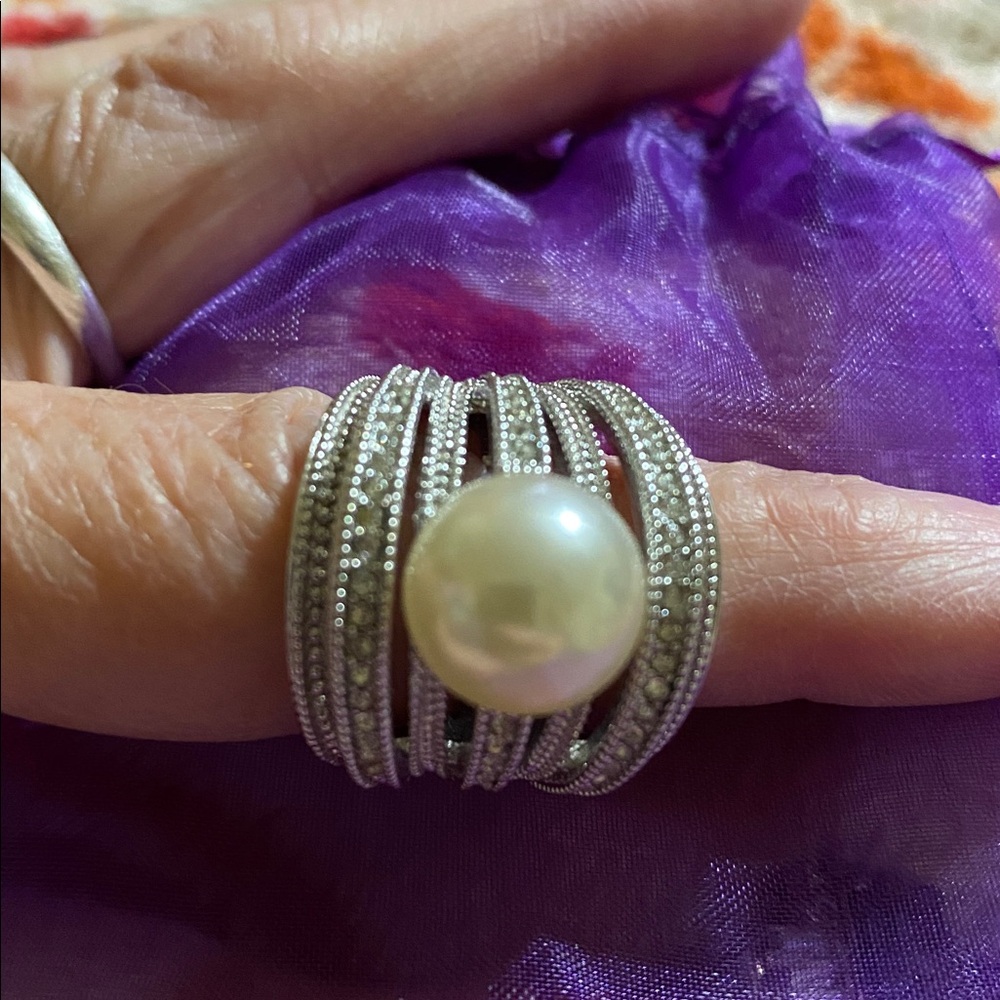 N.V.C. -Natalia V. Collister silver tone Ring with faux Pearl & rhinestones